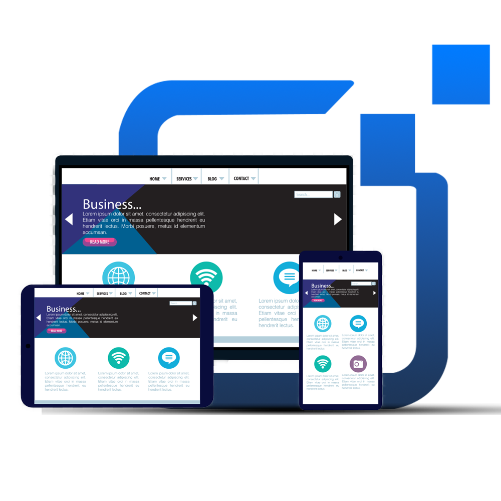 Responsive website displayed on tablet, mobile, and desktop screens with Square Status logo in the background