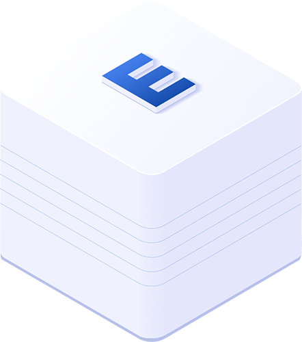 White 3D square with the letter E, representing digital branding or design element