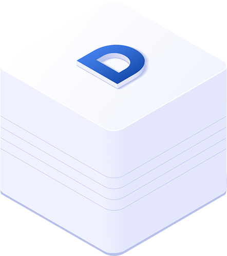 White 3D square with the letter D, representing digital branding or design element