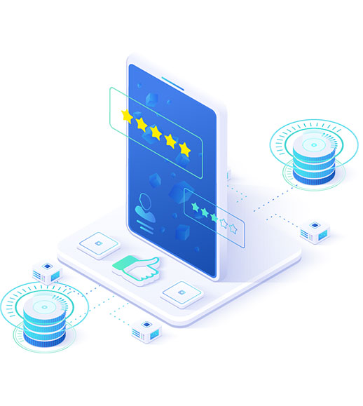 Illustration of mobile phone surrounded by ranking icons and server boxes representing SEO and web hosting