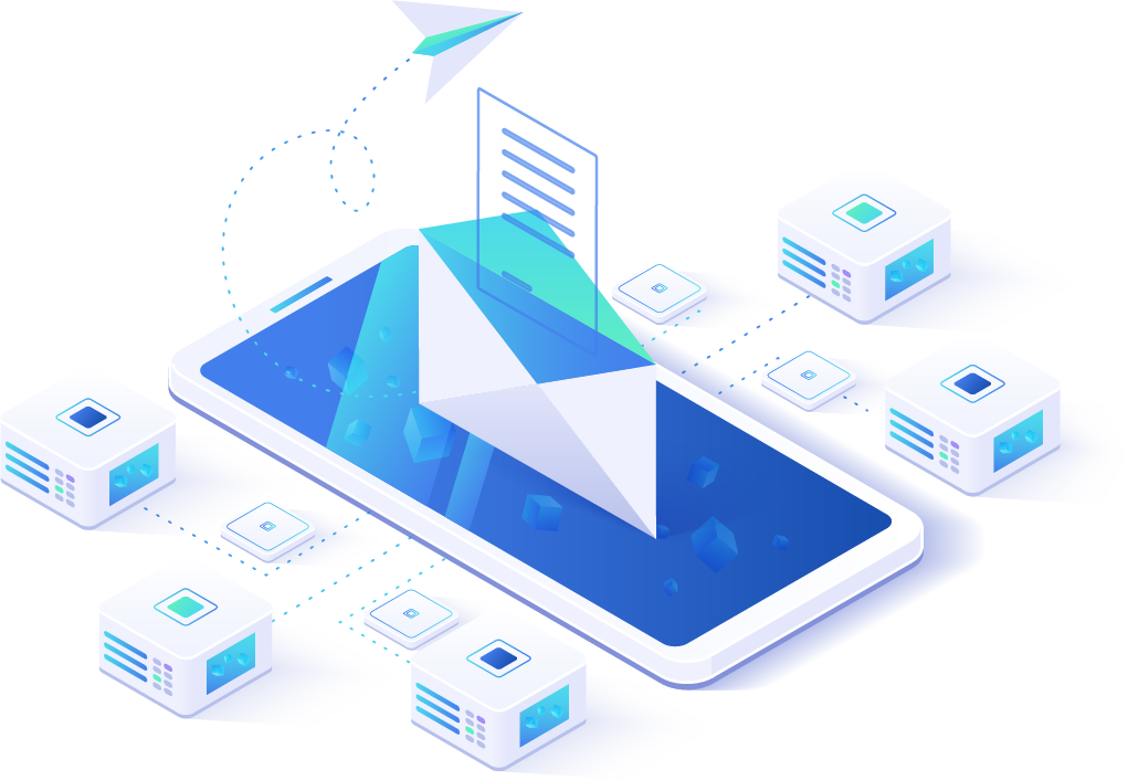 Illustration of mobile phone with email icon and server boxes representing digital communication and hosting