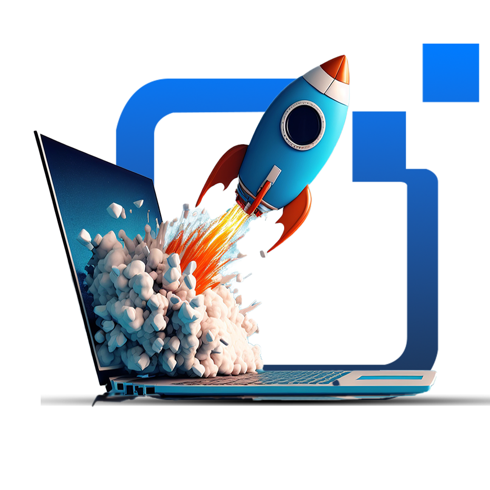 Rocket launching from laptop screen with Square Status logo in the background, symbolizing website growth and innovation